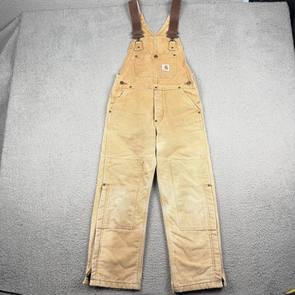 Carhartt Bib Overalls Mens Size 28x22.5 Tan Duck Canvas Double Knee Workwear